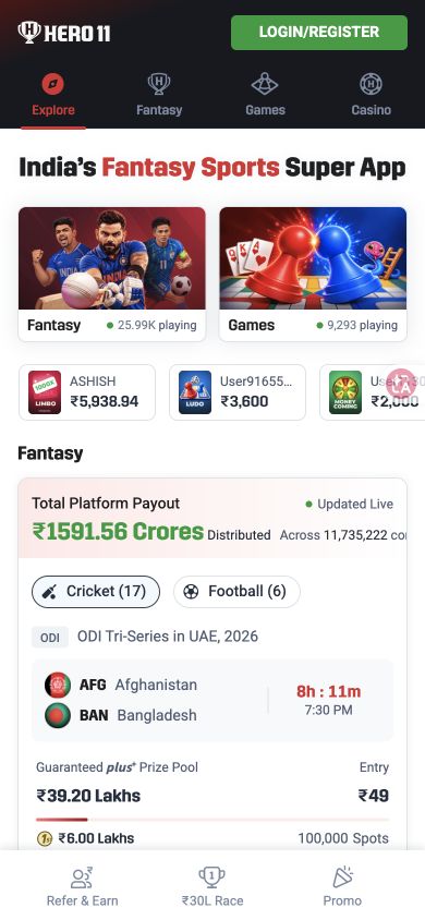 Hero11 mobile Explore screen with Login/Register, Fantasy and Games panels, and the cricket and football tabs